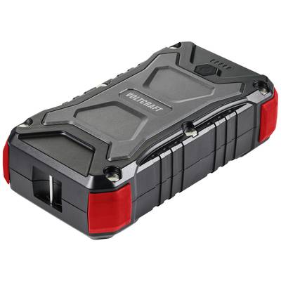 Ein tragbares, robustes Ladegerät von VOLTCRAFT mit Schutzabdeckungen in Rot und schwarzem Gehäuse, geeignet für Outdoor-Einsätze.