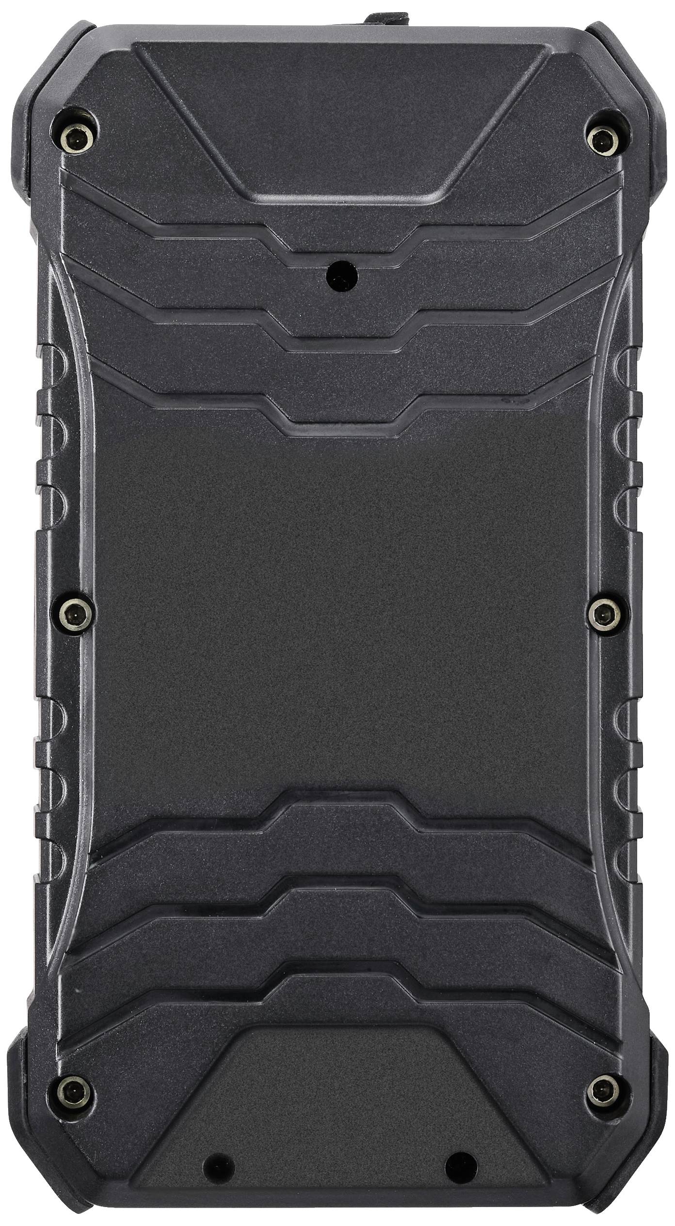 Robustes, schwarzes Gerät mit mehreren Schrauben an den Ecken und einer strukturierten Oberfläche, möglicherweise ein Outdoor-Gadget.