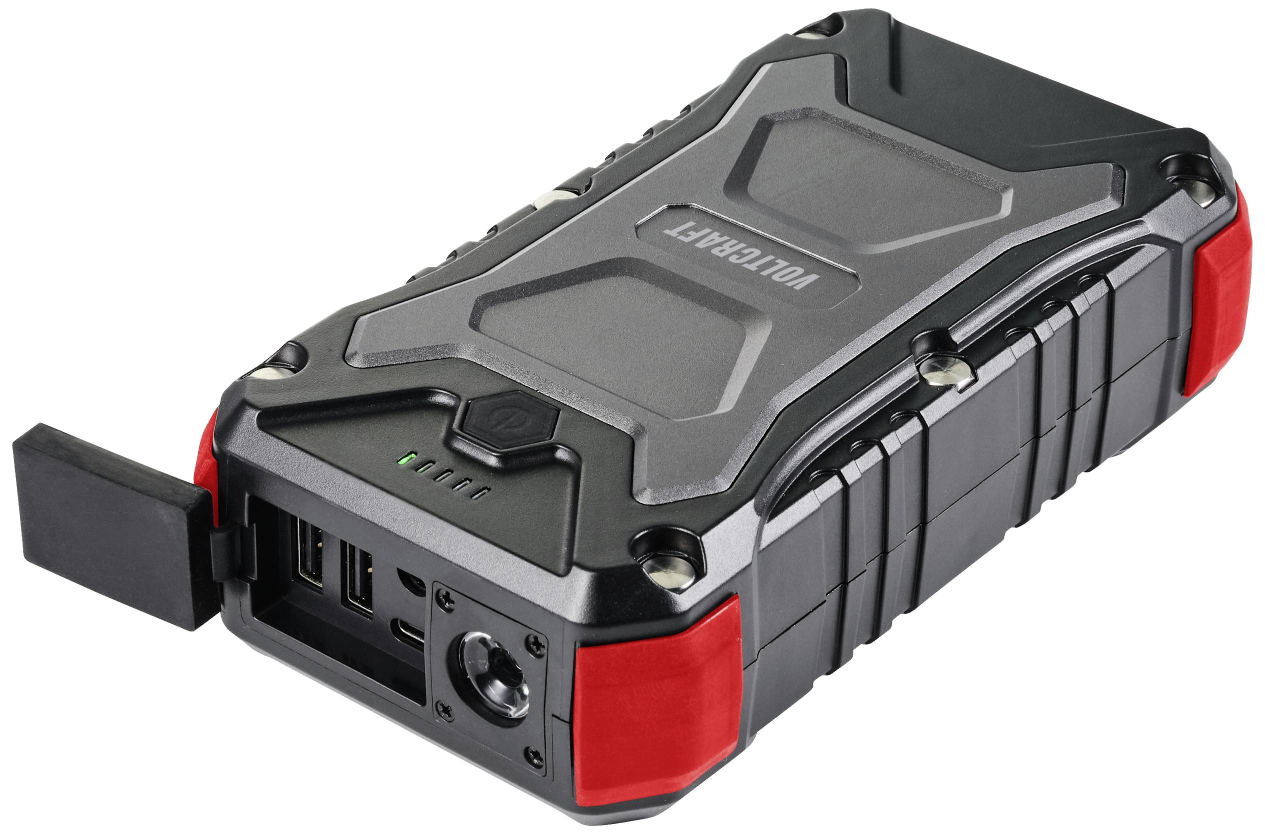 Robuster schwarzer Ladeblock mit roten Akzenten, mehreren USB-Anschlüssen und einer LED-Anzeige auf der Vorderseite.