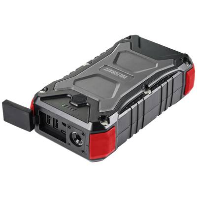 Robuster schwarzer Ladeblock mit roten Akzenten, mehreren USB-Anschlüssen und einer LED-Anzeige auf der Vorderseite.