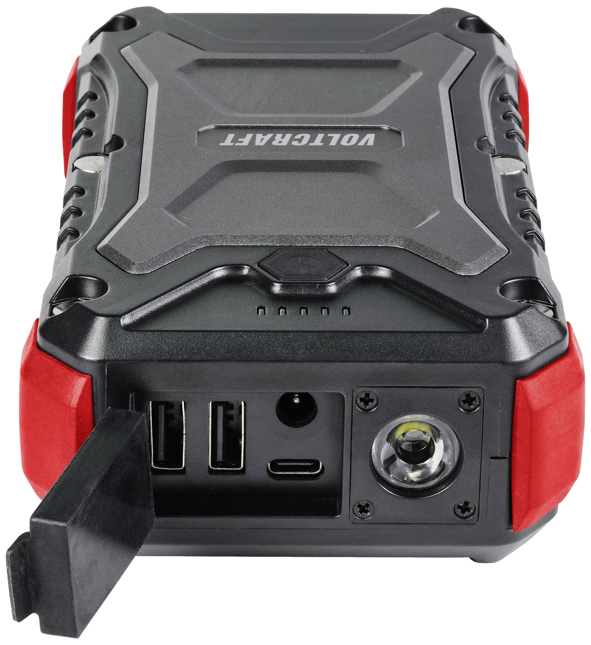 Tragbarer Auto-Starthilfe-Akku mit USB-Anschlüssen und Taschenlampe, schwarz mit roten Details. Ideal für Notfälle unterwegs.