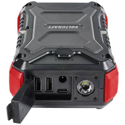 Tragbarer Auto-Starthilfe-Akku mit USB-Anschlüssen und Taschenlampe, schwarz mit roten Details. Ideal für Notfälle unterwegs.