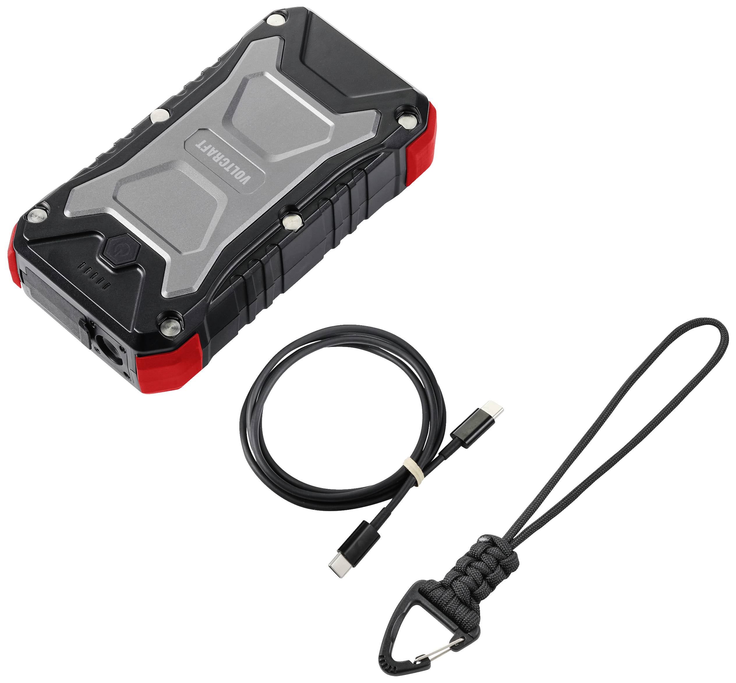 Schwarze und rote Powerbank mit robustem Design, beiliegendem Ladekabel und Schlaufe. Ideal für Outdoor-Abenteuer.