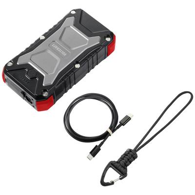 Schwarze und rote Powerbank mit robustem Design, beiliegendem Ladekabel und Schlaufe. Ideal für Outdoor-Abenteuer.