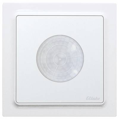 Ein weißer Bewegungsmelder in quadratischer Form mit einem kreisförmigen Sensor in der Mitte.