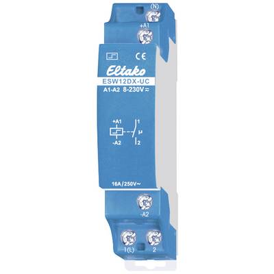 Blauer Funkschalter Eltako ESW12DX-UC, Anschlussklemmen oben und unten, 16A/250V, zur Steuerung elektrischer Geräte.