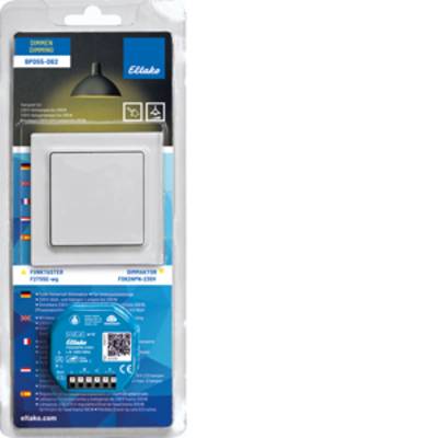 'Eltako Funk-Taster' in Verpackung mit Licht-Symbol und Modellnummer 'BP05-DB2'. Enthält Anleitung und QR-Code. Design in Blau und Weiß.