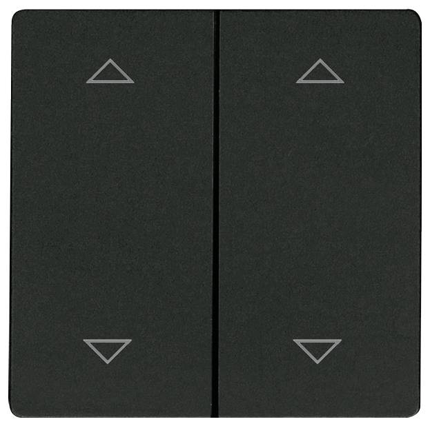 Schwarzer Doppeltaster mit Pfeilen nach oben und unten, der eine Auf- und Abfunktion anzeigt. Ideal für Jalousien- oder Lichtsteuerung.