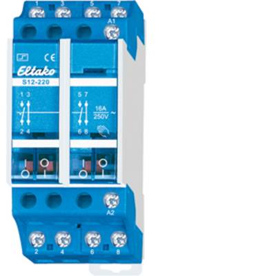 'Blaues Eltako Relais S12-220 mit CE-Kennzeichnung, Stromstärke 16A, 250V. Verfügt über mehrere Anschlussklemmen.'