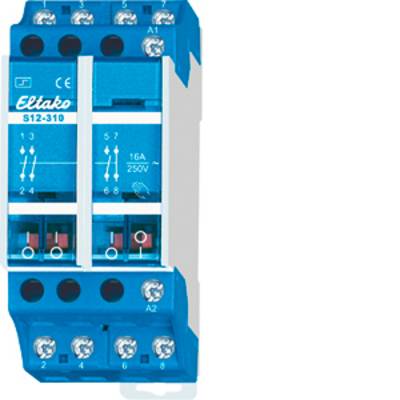 Ein blauer, elektrischer Schalter von Eltako, Modell S12-310, zeigt technische Spezifikationen und Schaltpläne auf der Vorderseite.