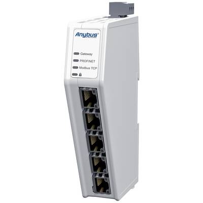 Ein Industrie-Adapter mit fünf Ethernet-Anschlüssen und den Beschriftungen 'Gateway', 'PROFINET', 'Modbus TCP' an der Vorderseite.