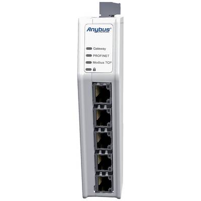 Netzwerkgerät von Anybus mit mehreren Ethernet-Ports und Lichtanzeigen für 'Gateway', 'PROFINET' und 'Modbus TCP'.