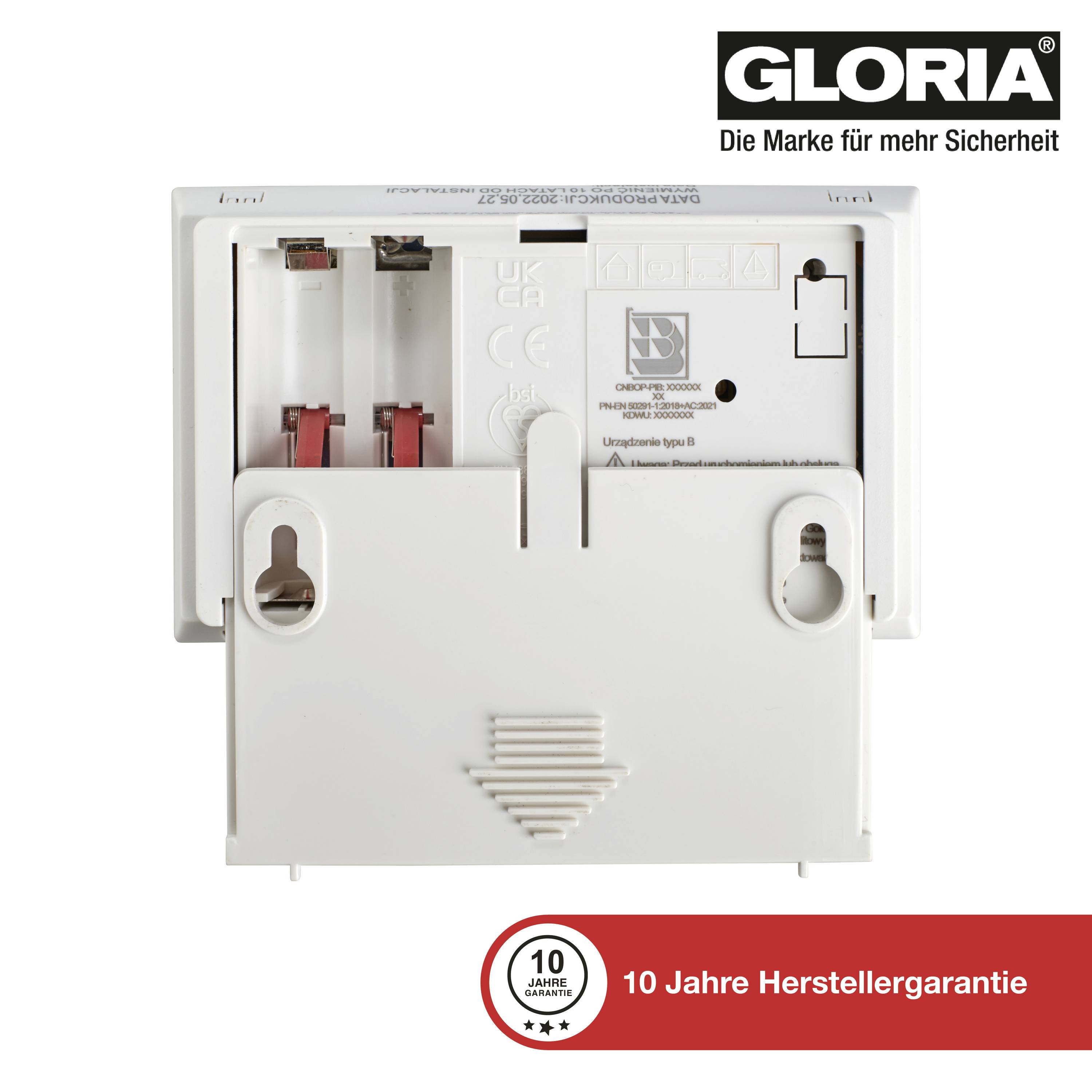 'Feuerlöscher'-Montagehalter mit 10 Jahren Herstellergarantie, oben 'GLORIA', Schrift: 'Die Marke für mehr Sicherheit'.