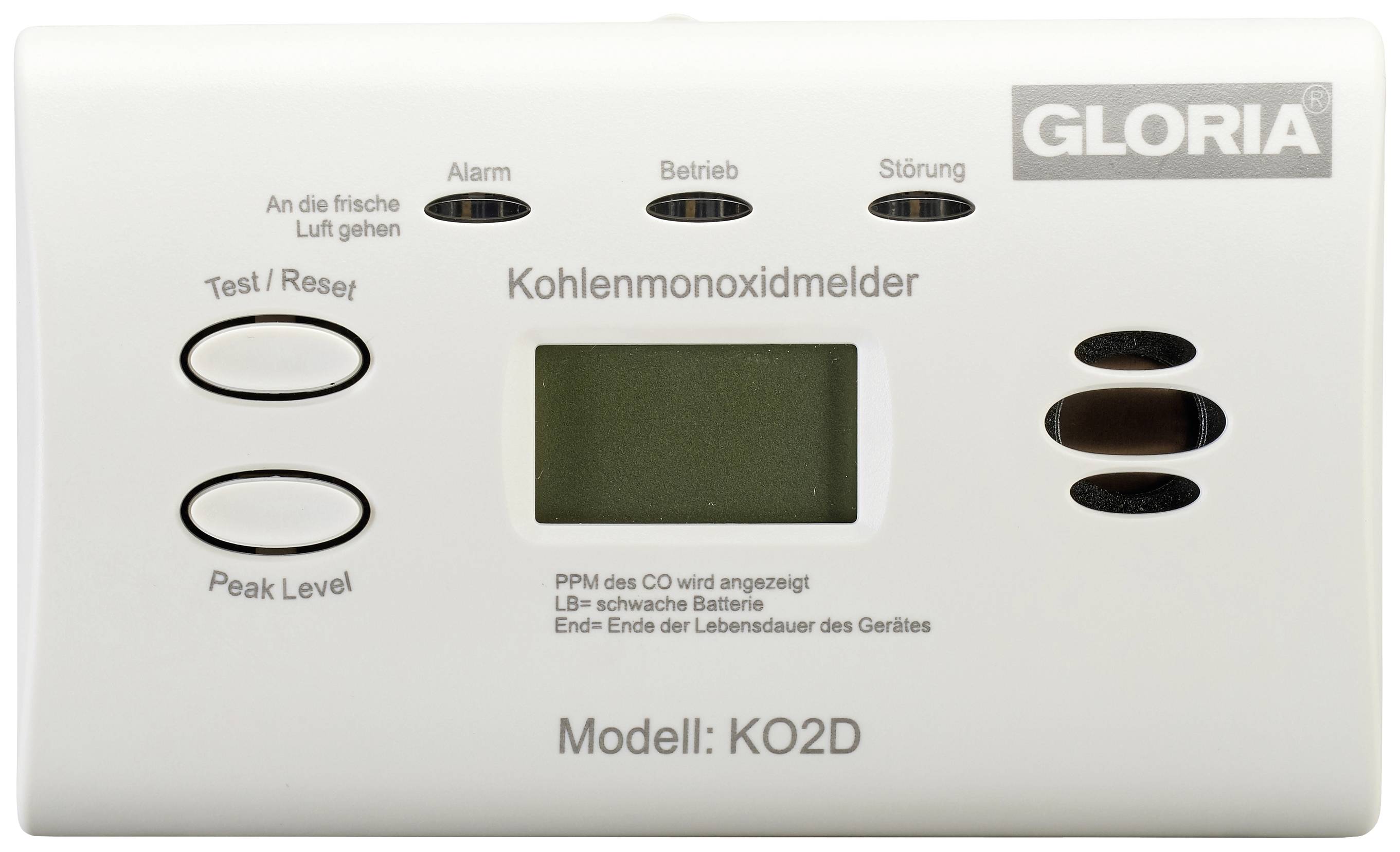 Kohlenmonoxidmelder mit Display und Tasten für Test und Spitzenwert. Zeigt Batteriestatus und CO-Warnungen an. Modell KO2D.