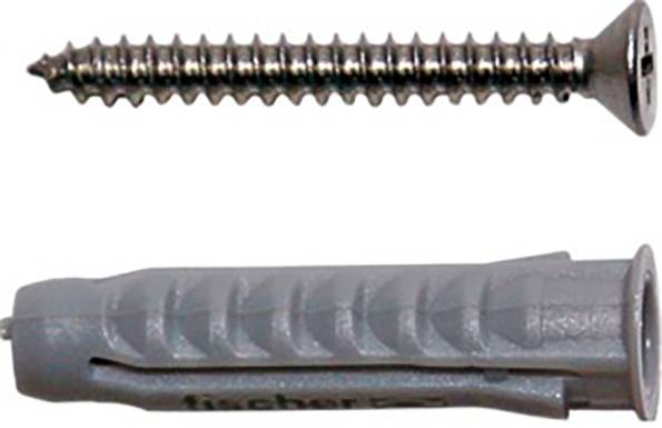 Ein Metall-Schraube und ein grauer Dübel auf weißem Hintergrund.