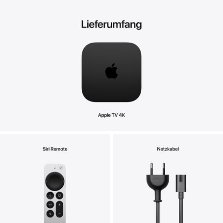 Auf diesem Bild sieht man das Zubehör für einen Apple-TV.  Dazu gehören der Apple TV selbst, die Fernbedienung "Siri Remote" un ein Netzkabel