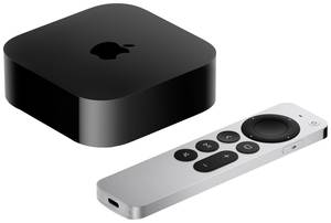 Auf diesem Bild sieht man einen Apple  TV 4K mit Fernbedienung