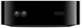Auf diesem Bild sieht man den AppleTV von hinten. Man erkennt links einen Stromanschluss und rechts einen HDMI Ausgang.