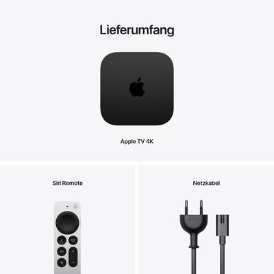 Lieferumfang: Apple TV 4K, Siri Remote mit Tasten, Netzkabel; zentrales Apple-Logo.