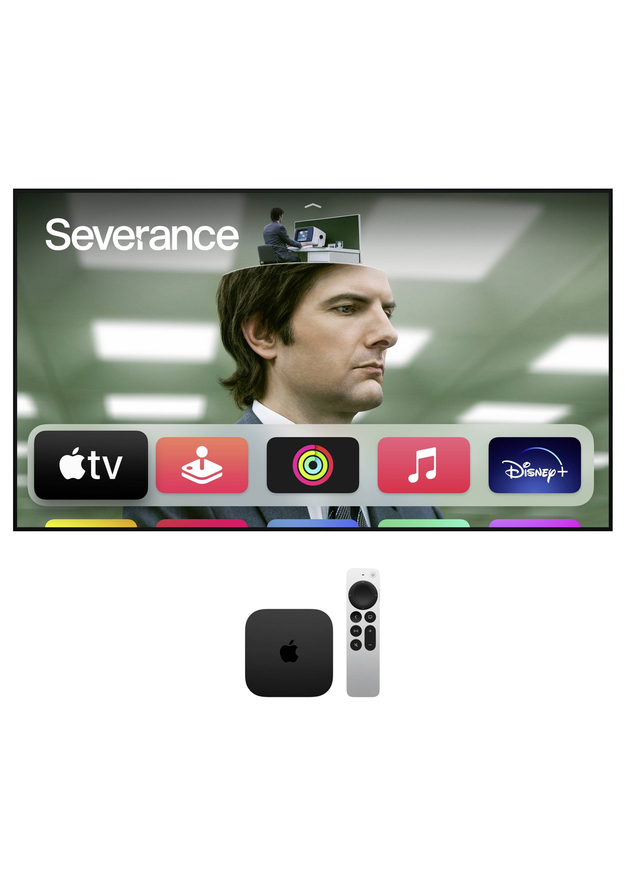 Ein Fernseher zeigt das Interface von Apple TV mit Apps. Im Hintergrund ist ein Bild eines Mannes aus der Serie 'Severance'.