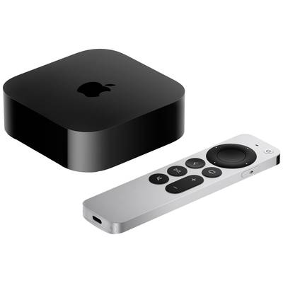 Schwarze Streaming-Box mit dem Logo einer bekannten Technologie-Firma, daneben eine schlanke graue Fernbedienung mit Rundsteuerung.