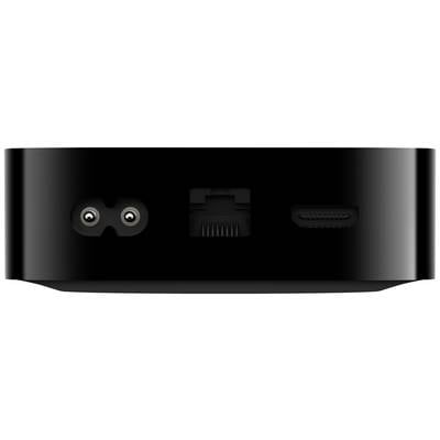 Schwarzes elektronisches Gerät mit Strom-, Ethernet- und HDMI-Anschluss auf der Rückseite, vor weißem Hintergrund.