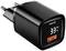 Ein schwarzes Ladegerät mit zwei USB-Ports, davon ein rot markierter. Digitalanzeige zeigt '33W PD'. Europäischer Stecker.