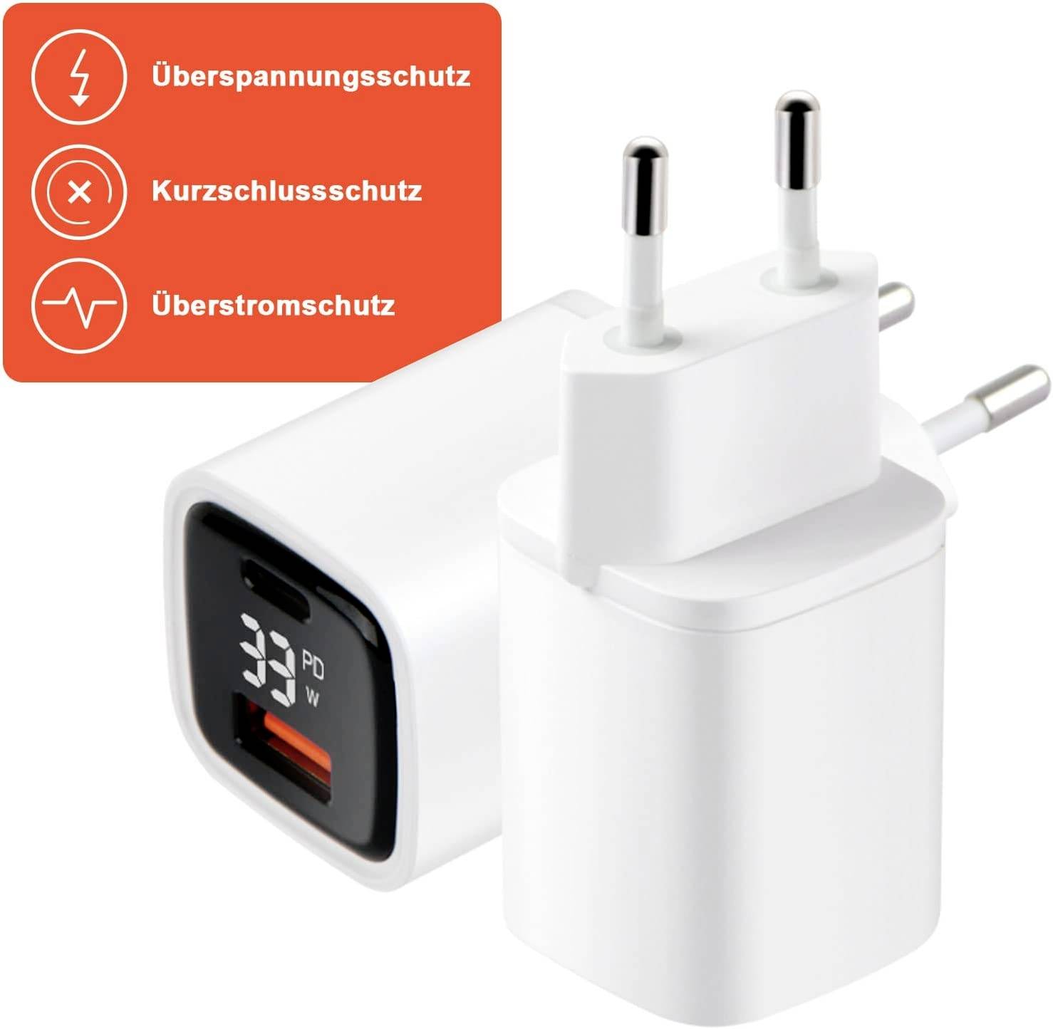 Ladegerät mit zwei USB-Ausgängen neben einem Netzteilstecker. Ein rotes Symbol oben links zeigt Schutzfunktionen: Überspannung, Kurzschluss, Überstrom.