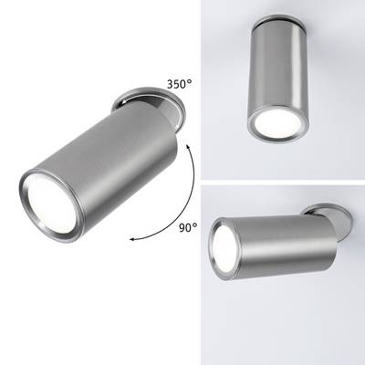 Zylindrische Wandleuchte aus Metall, schwenkbar bis 350° horizontal und 90° vertikal, sichtbar aus drei verschiedenen Perspektiven.