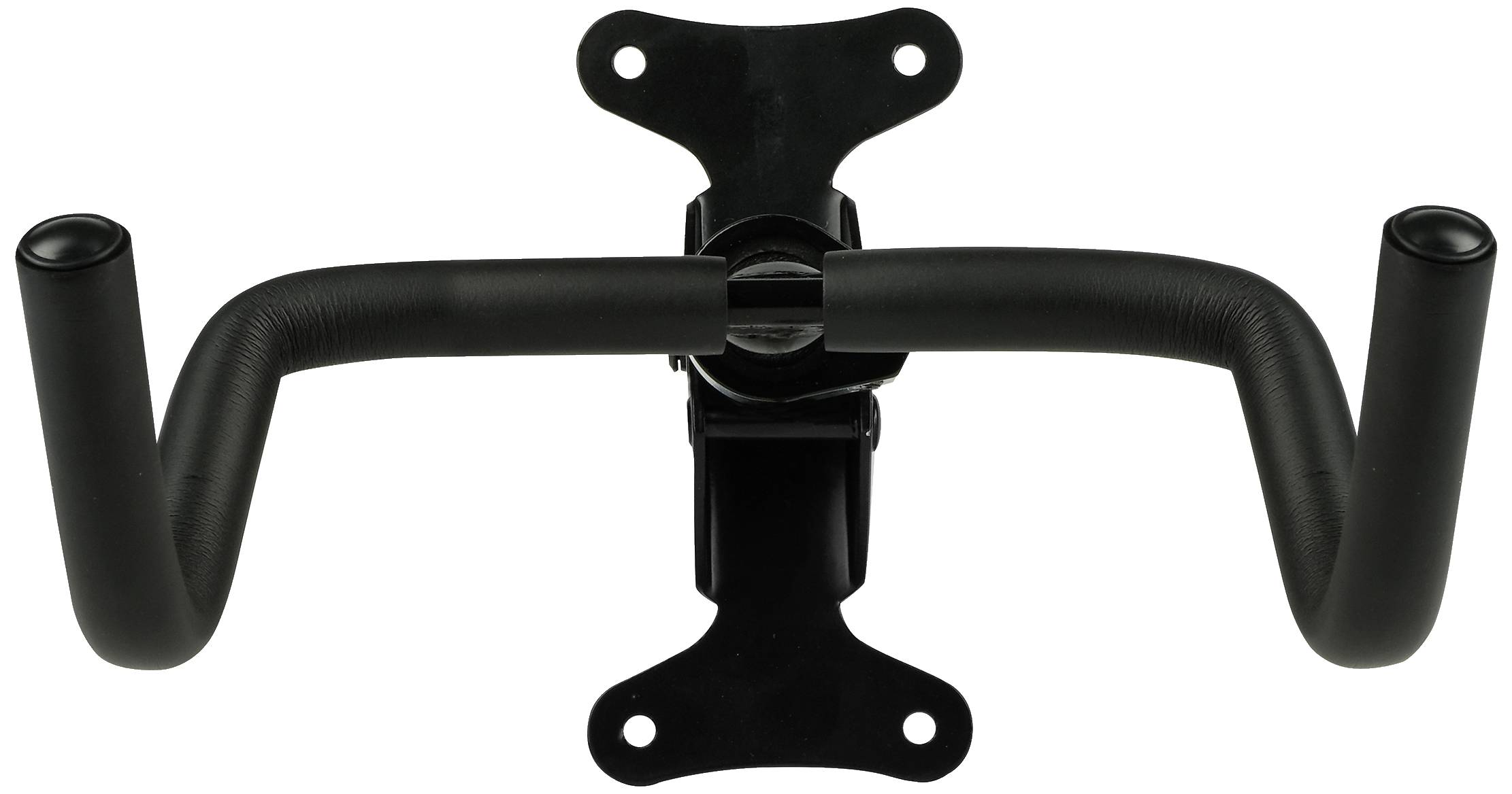 Eine schwarze Wandhalterung für ein Fahrrad, mit zwei gebogenen Armen zur Befestigung, vor einem weißen Hintergrund.