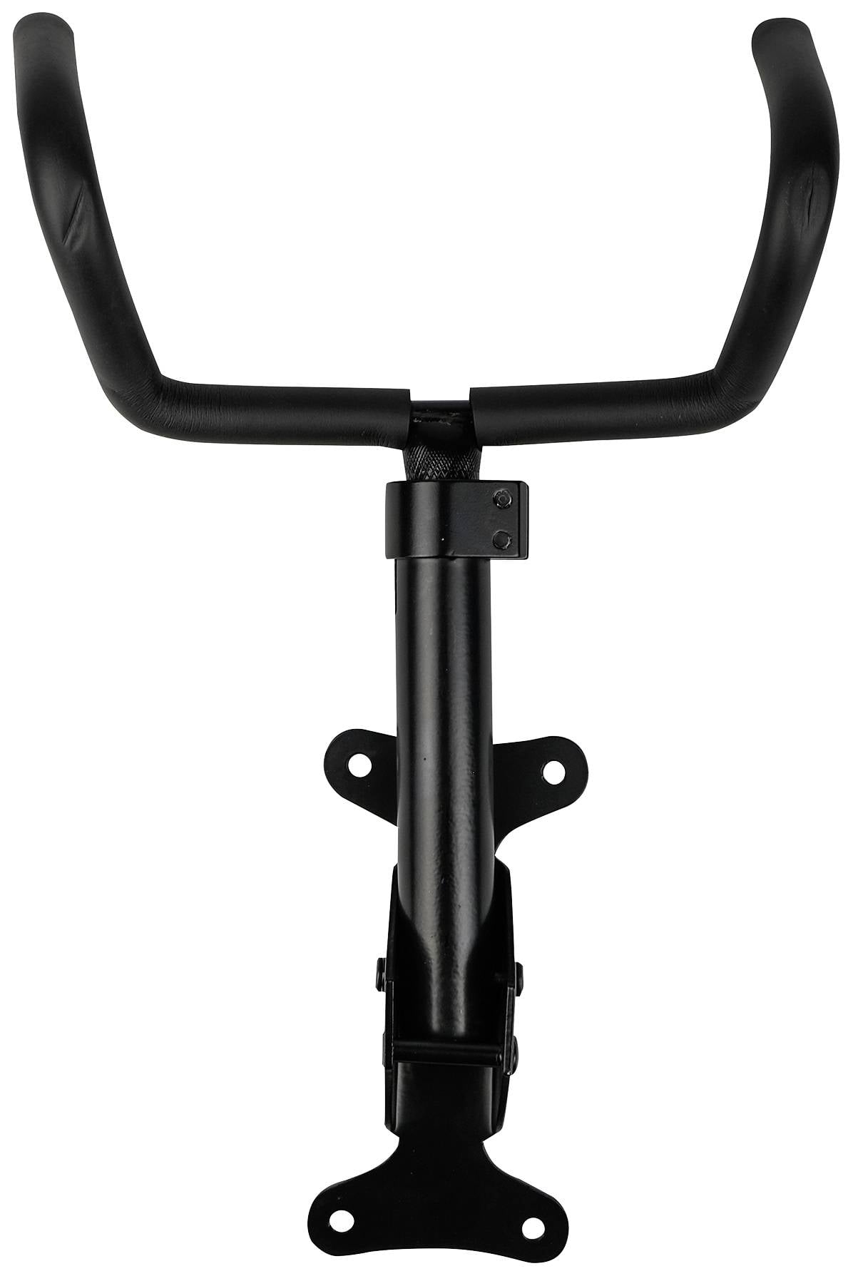 Schwarzer Wandhalter für Fahrräder, Ansicht von vorne, mit schwenkbarem Arm und Befestigungspunkten an der Rückseite.