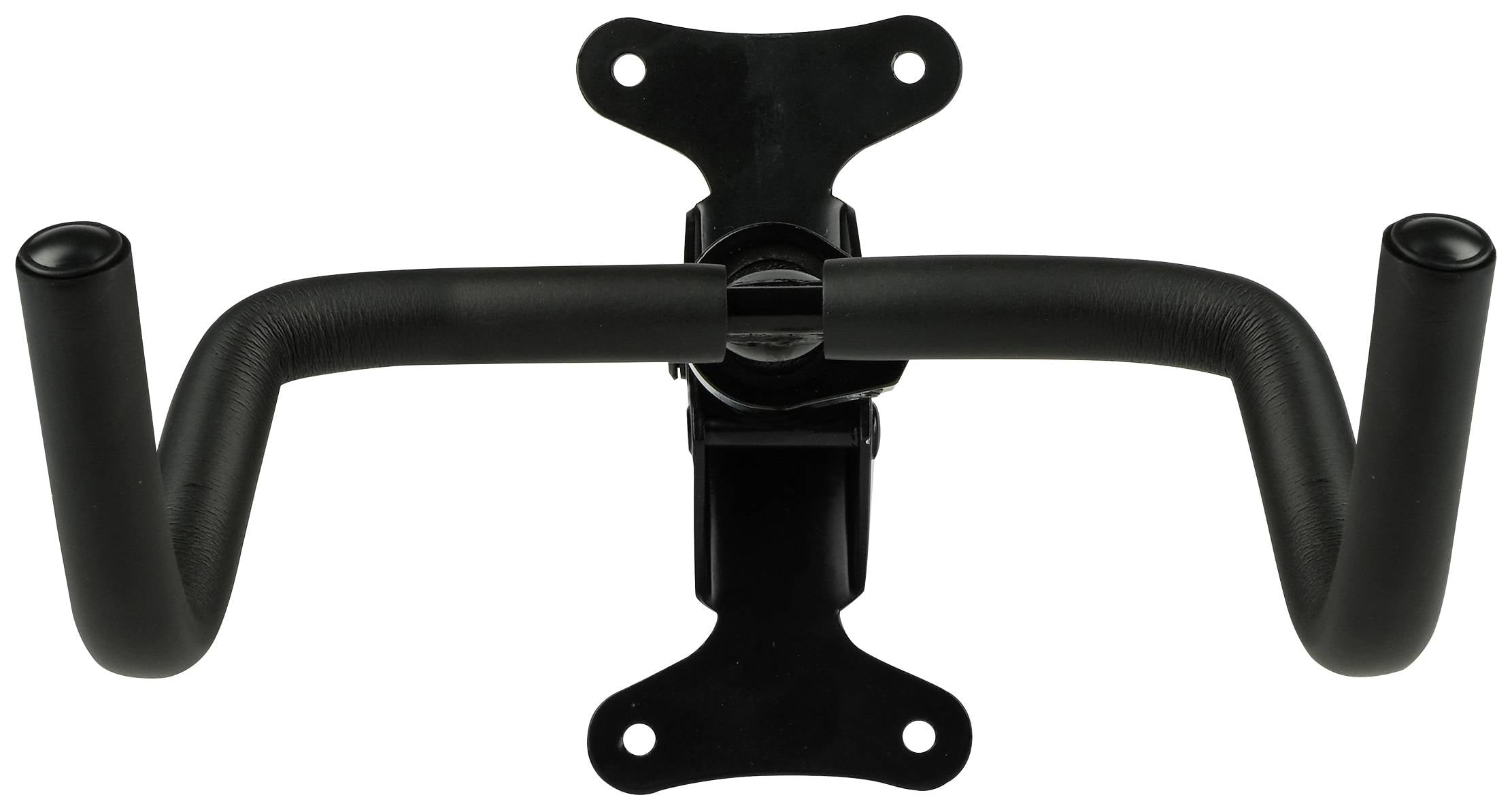 Schwarze Fahrradlenkerhalterung aus Metall, horizontal ausgerichtet, mit zwei Griffen, geeignet für Wandmontage.
