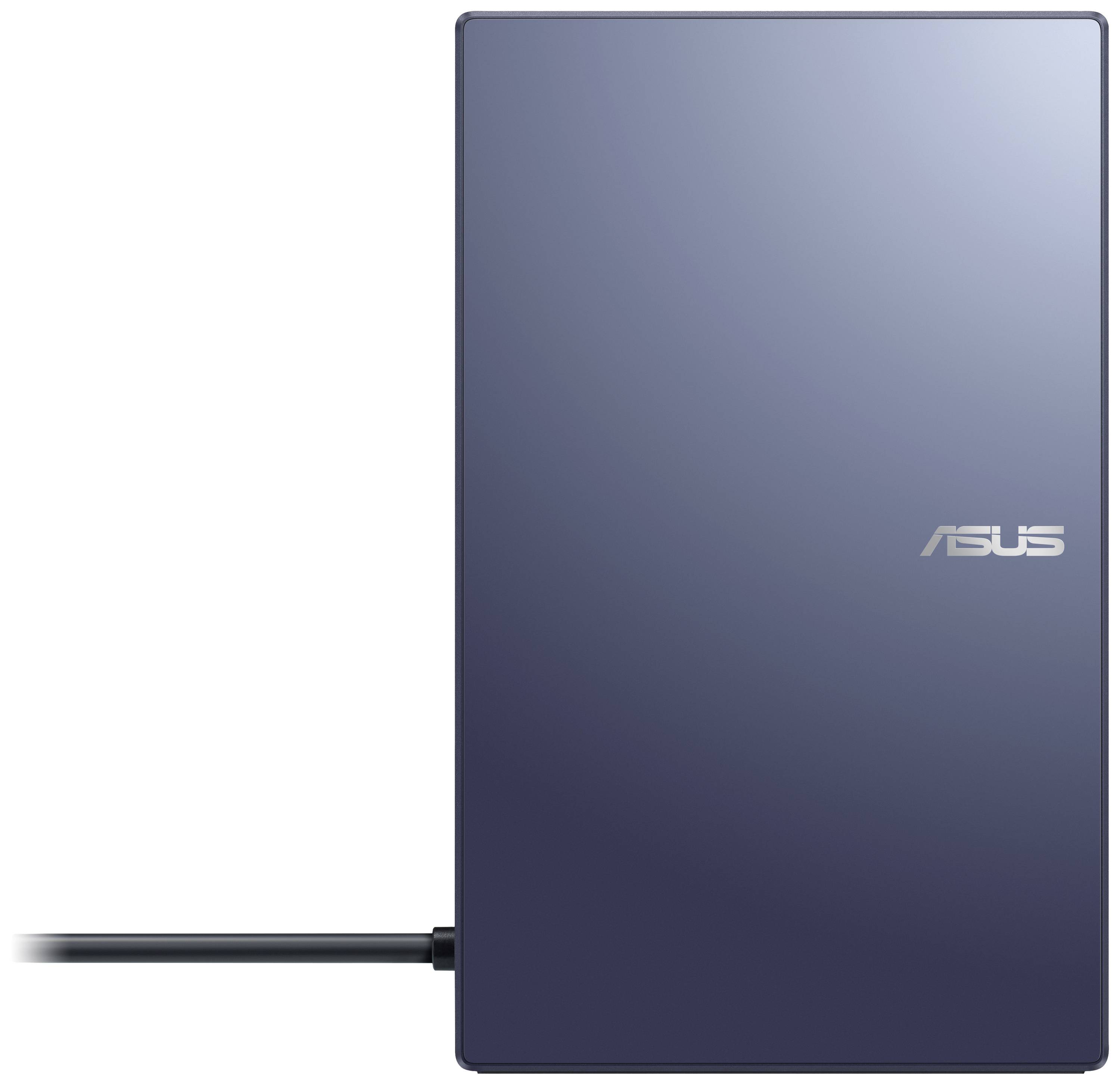 Externe Festplatte mit dunkelblauer Oberfläche, Asus-Logo in der oberen rechten Ecke. Ein Kabel ist links verbunden.