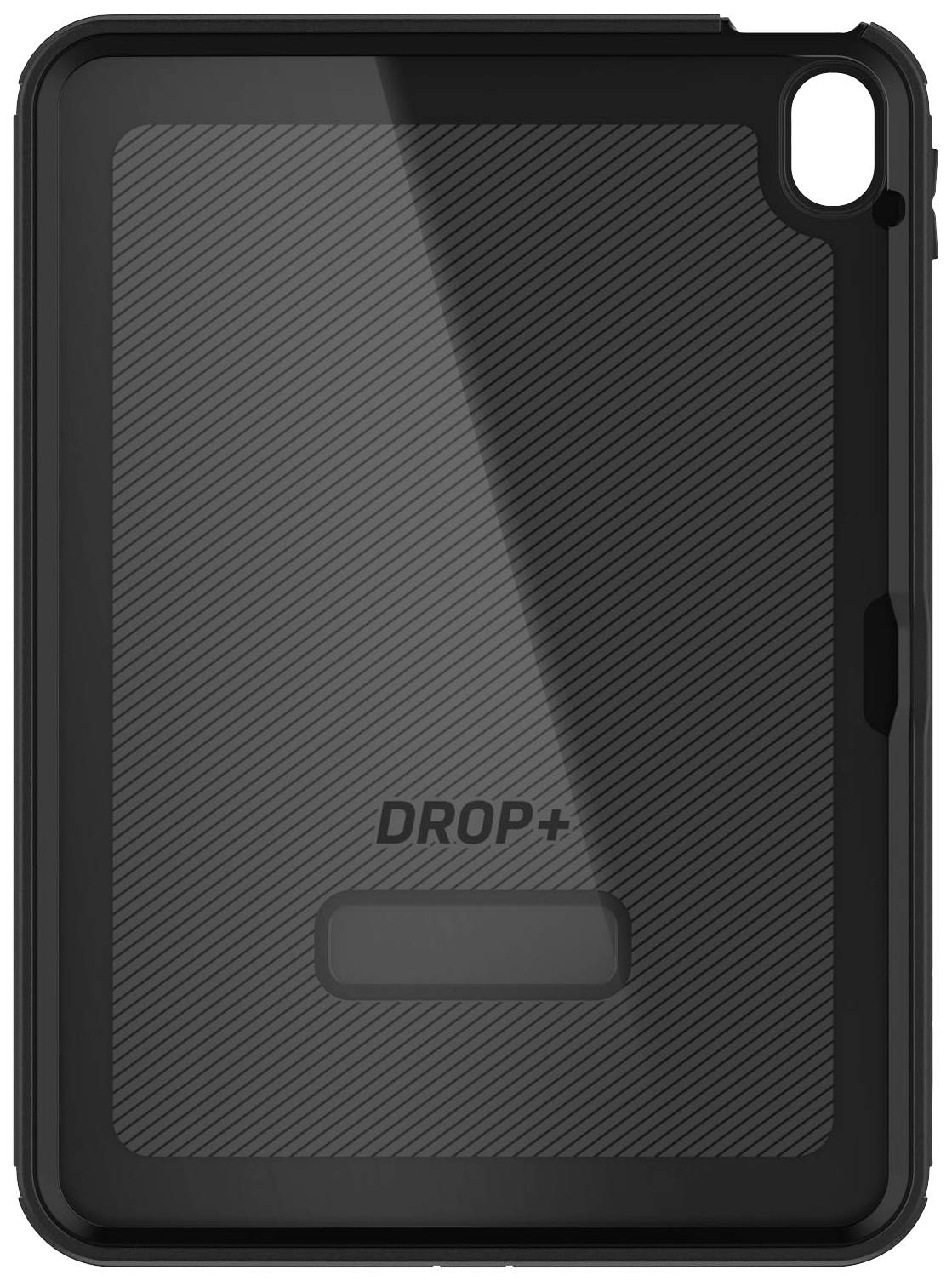 Harte, schwarze Schutzhülle für ein Tablet, mit der Aufschrift 'DROP+'.