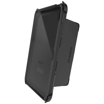 Schutzhülle in Schwarz für ein Tablet, robustes Design mit integriertem Ständer. Markierung 'Otterbox' an der Seite.