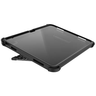 Schwarzes Schutzgehäuse für ein Tablet, mit verstärkten Ecken und eingebautem Ständer.