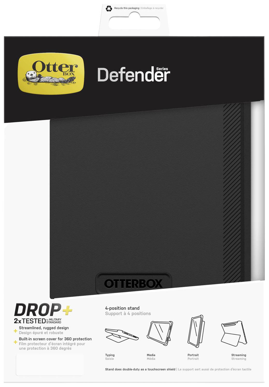 Schwarzes Otterbox Defender Case mit integriertem Bildschirmschutz und vier Positionen Ständer für Tablets. Verpackungsdesign sichtbar.