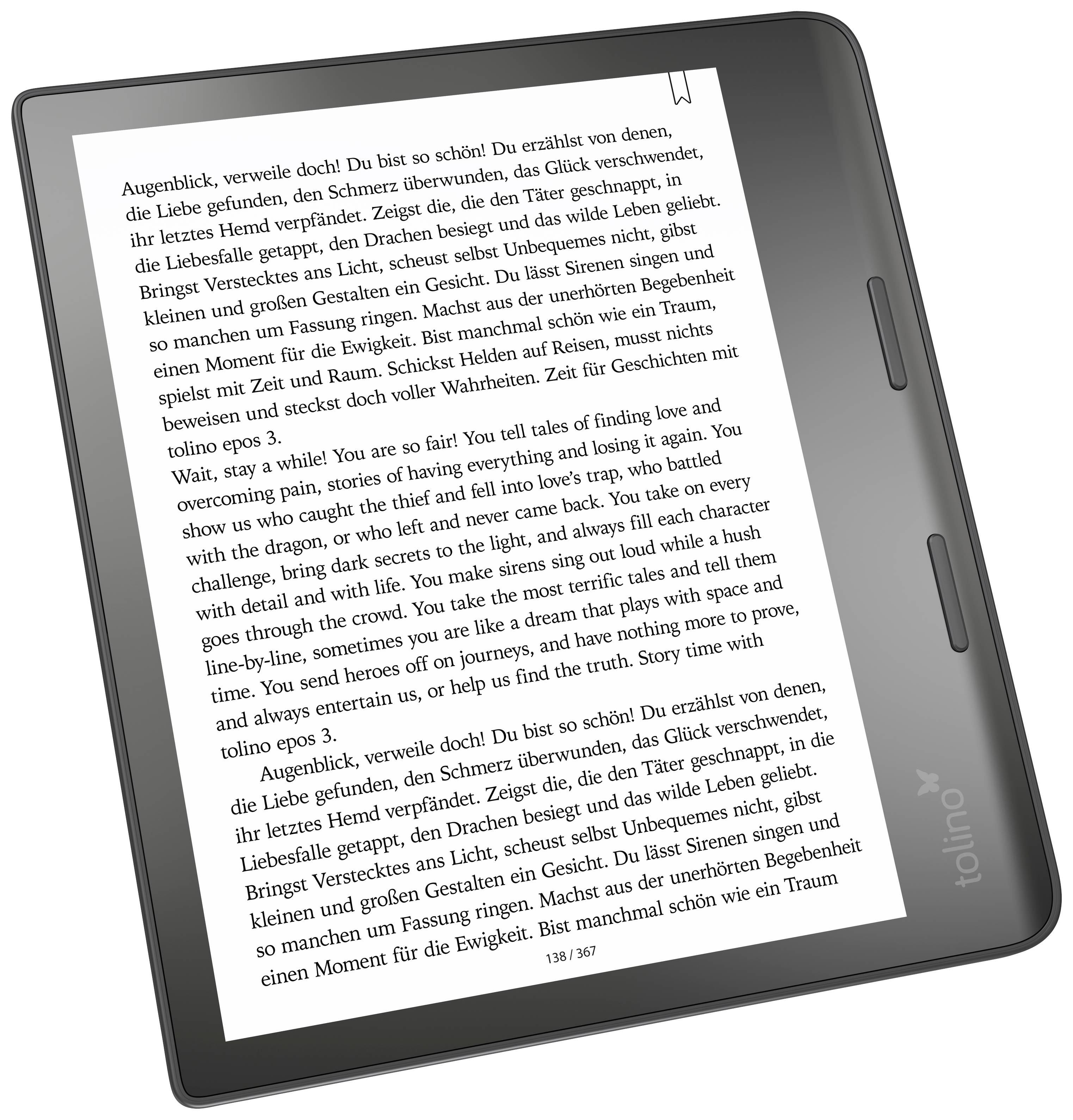 Ein E-Book-Reader zeigt eine Textseite in deutscher Sprache. Der Text enthält Absätze und spricht über Schönheit und Vergänglichkeit.