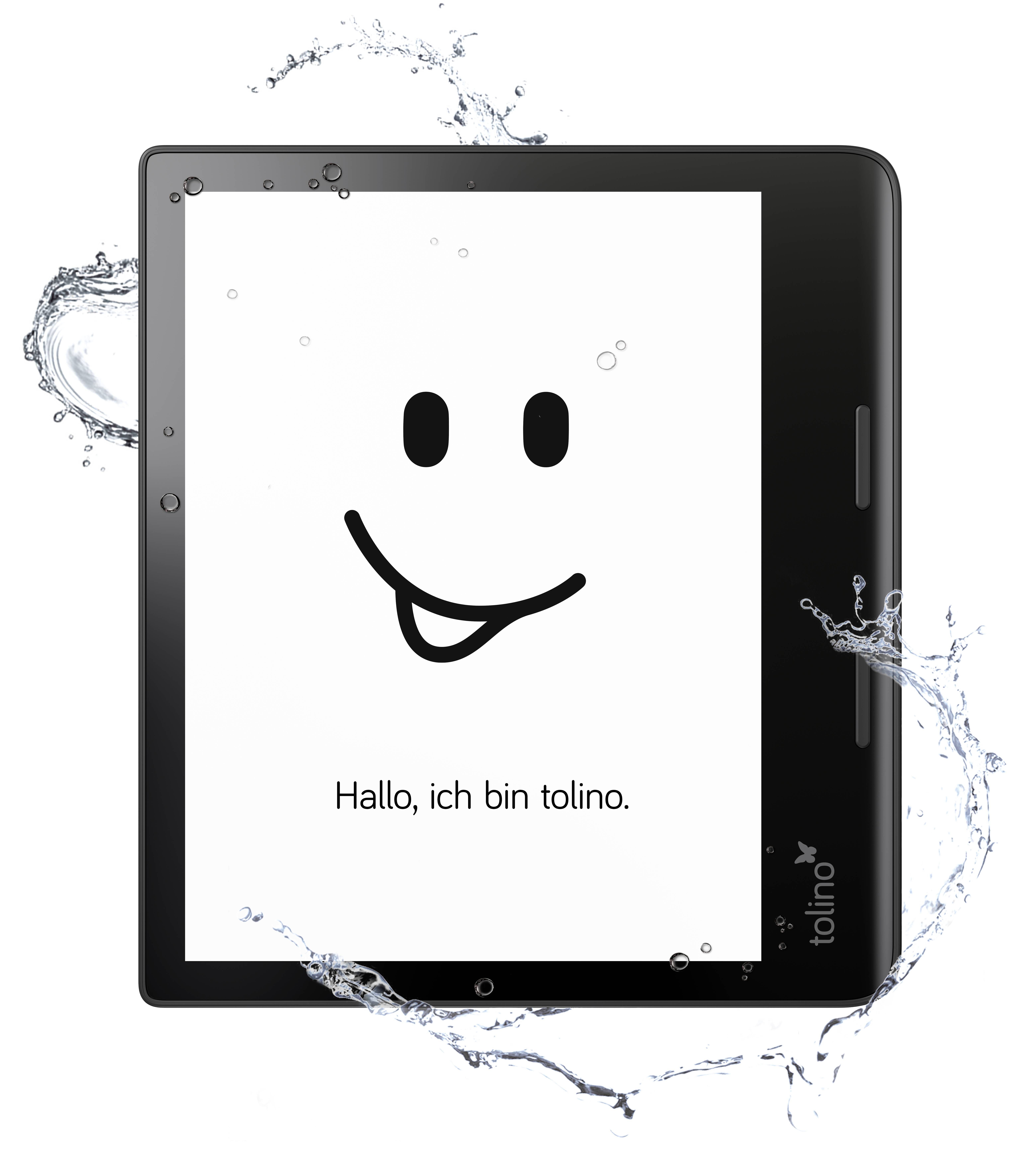 Ein E-Reader mit einem lächelnden Gesicht auf dem Bildschirm und dem Text 'Hallo, ich bin tolino', umgeben von spritzendem Wasser.