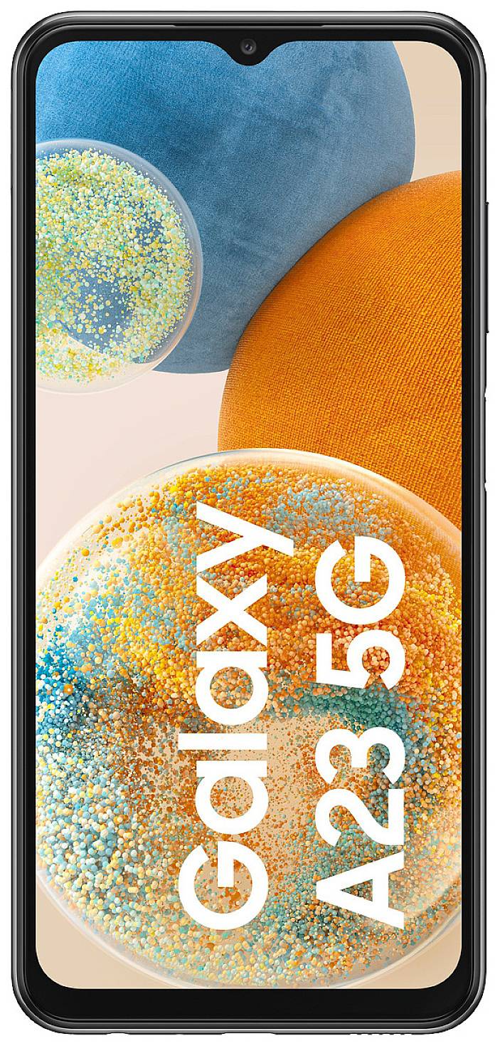 Ein Smartphone mit der Aufschrift 'Galaxy A23 5G' auf dem Bildschirm, dekoriert mit bunten Kugeln im Hintergrund.