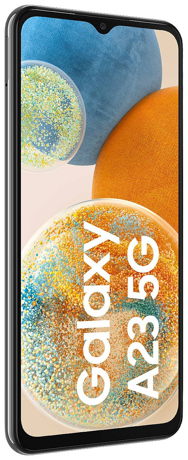 Smartphone von schräg vorne, zeigt das Modell 'Galaxy A23 5G'. Bildschirm mit buntem, abstraktem Muster. Modellname groß angezeigt.