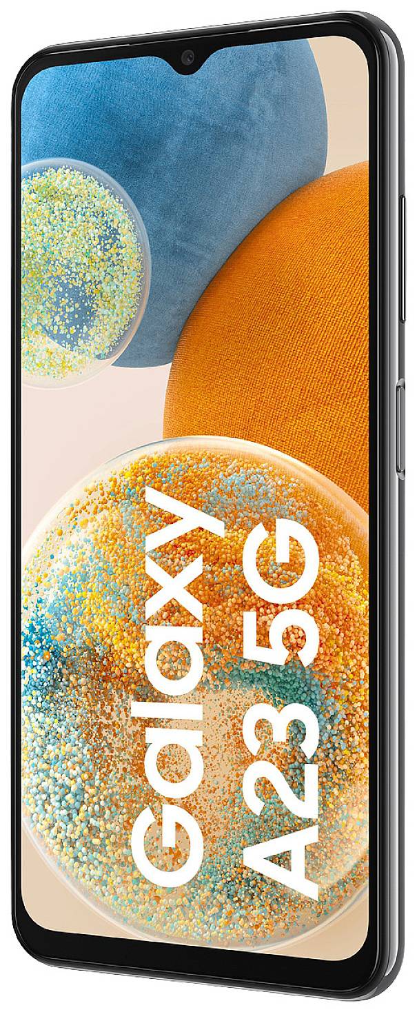 Smartphone Samsung Galaxy A23 5G in Profilansicht, zeigt ein lebendiges Display mit abstrakter Kunst aus blau-orangenen Kugeln.