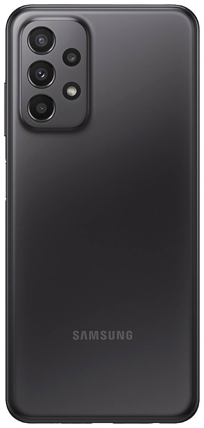 Ein schwarzes Smartphone von Samsung, Rückansicht mit mehreren Kameralinsen und dem Samsung-Logo unten.