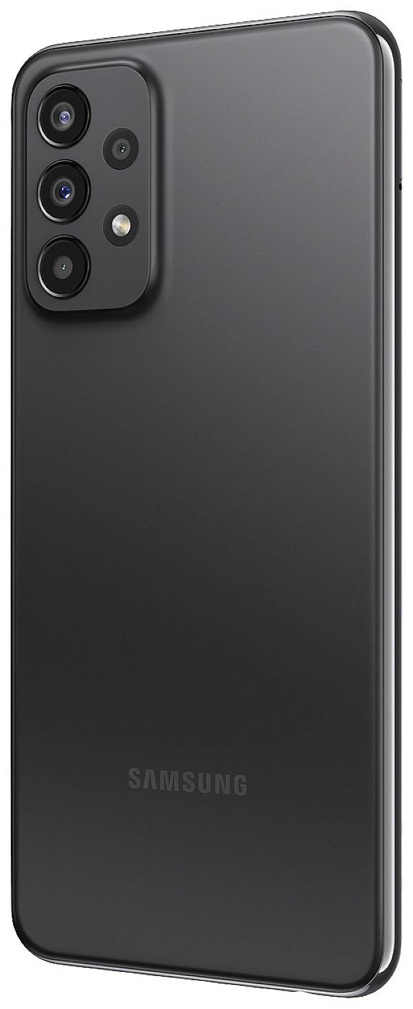 Smartphone-Rückseite in Schwarz mit vier Kameralinsen und Samsung-Logo unten.