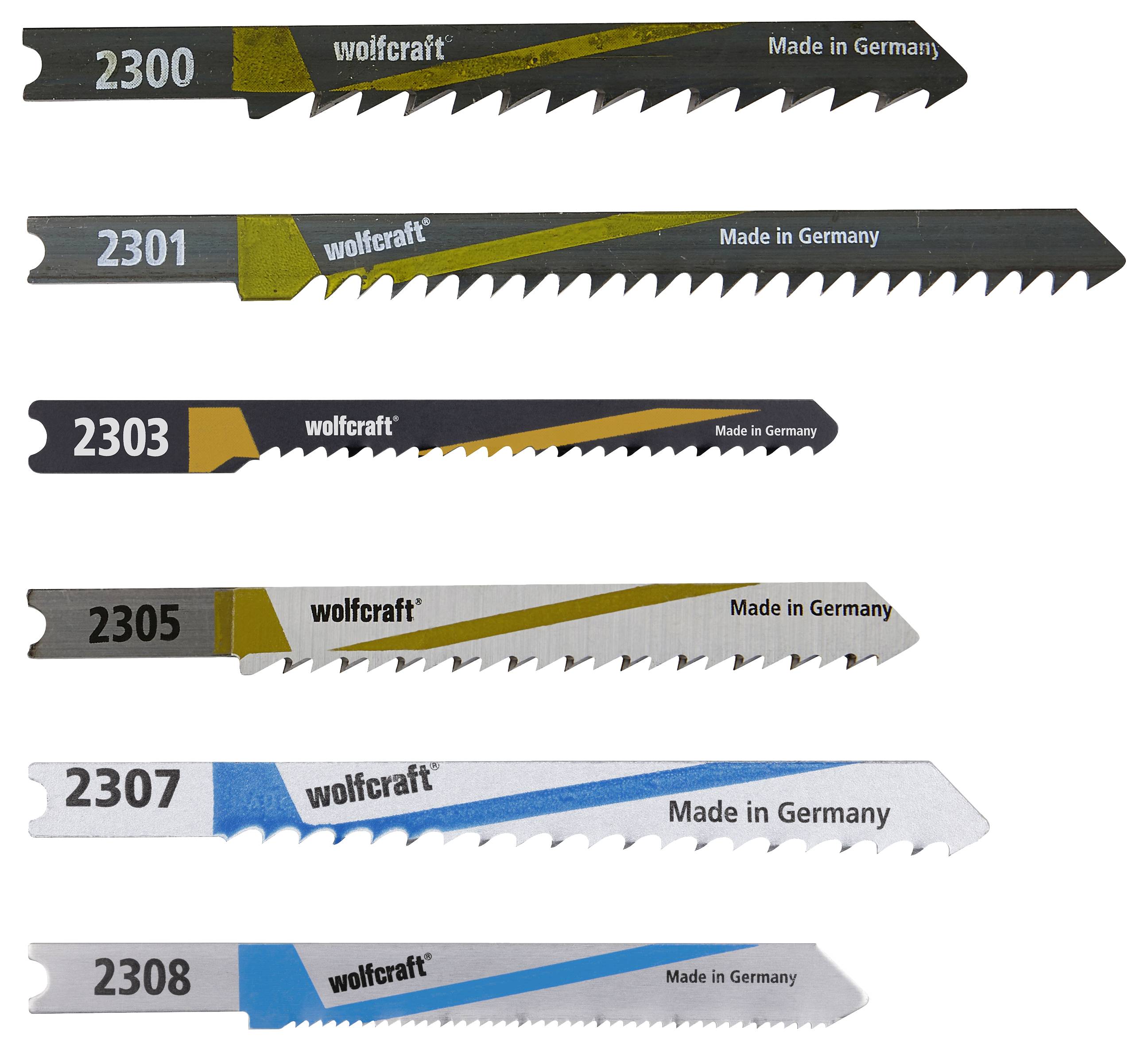 Sechs Stichsägeblätter, nummeriert 2300 bis 2308, der Marke Wolfcraft, hergestellt in Deutschland, in verschiedenen farblichen Designs.