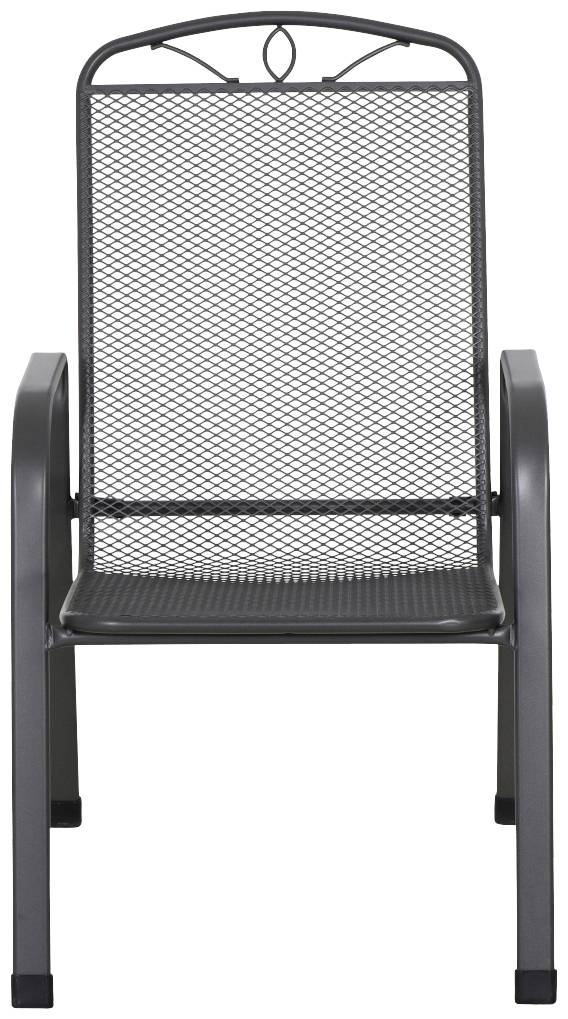 Schwarzer Metallgartenstuhl mit Gitterdesign, geschwungenen Armlehnen und dekorativem Muster oben, geeignet für den Außenbereich.