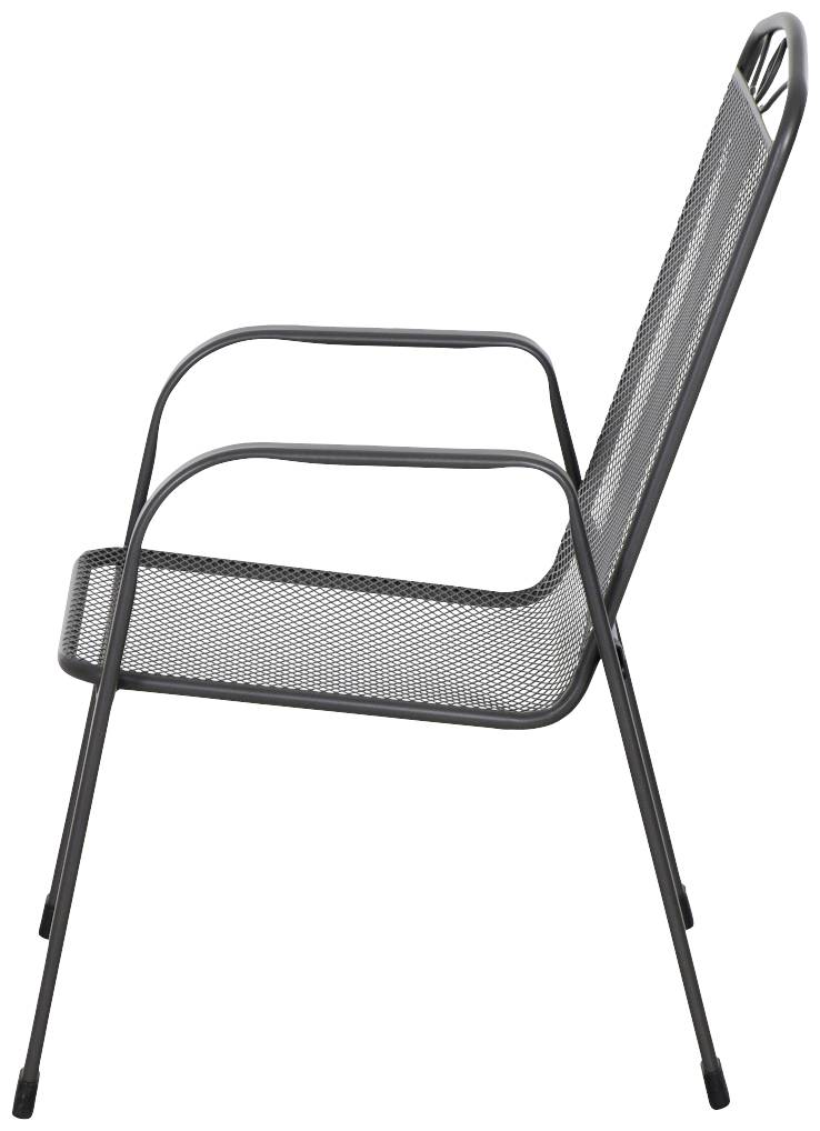 Moderner Metallstuhl mit Netzrückenlehne und Armlehnen, seitliche Ansicht.