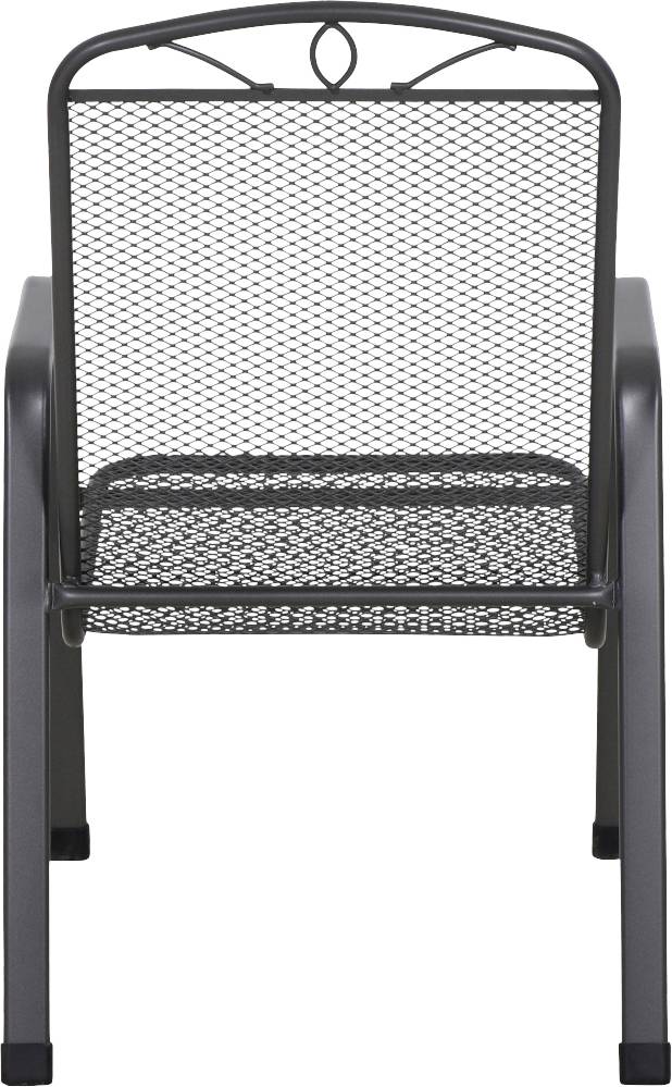 Ein schwarzer Metallstuhl mit Netzgeflecht-Rückenlehne und Armlehnen. Der Stuhl wirkt stabil und eignet sich für Außenbereiche.