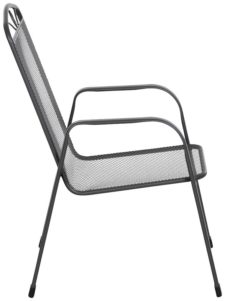 Stuhl aus schwarzem Metall mit Armlehnen und Netzdesign, seitliche Ansicht.