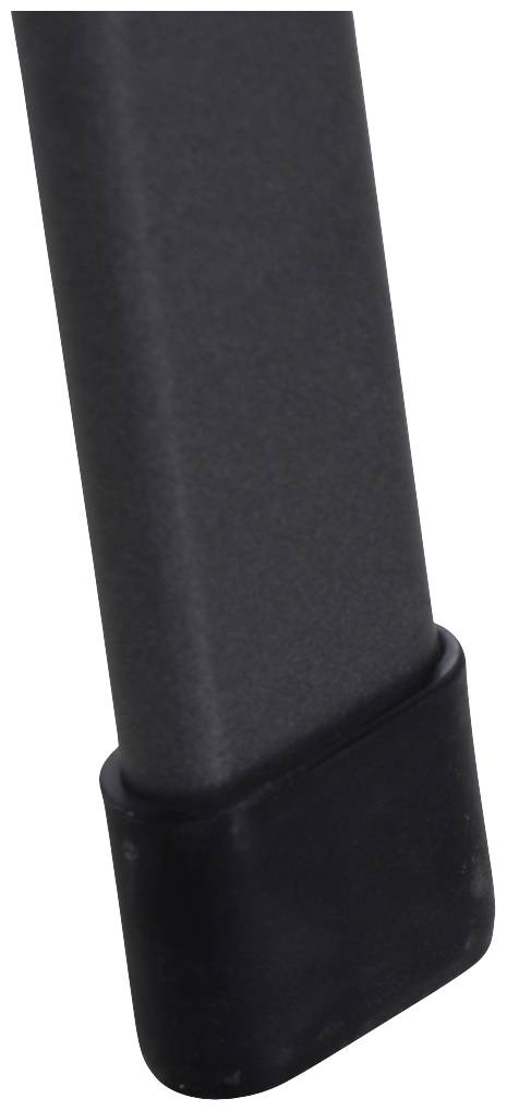 Nahaufnahme eines schwarzen Tischbeins mit rechteckiger Form und schützendem Gummifuß auf glattem, hellem Hintergrund.